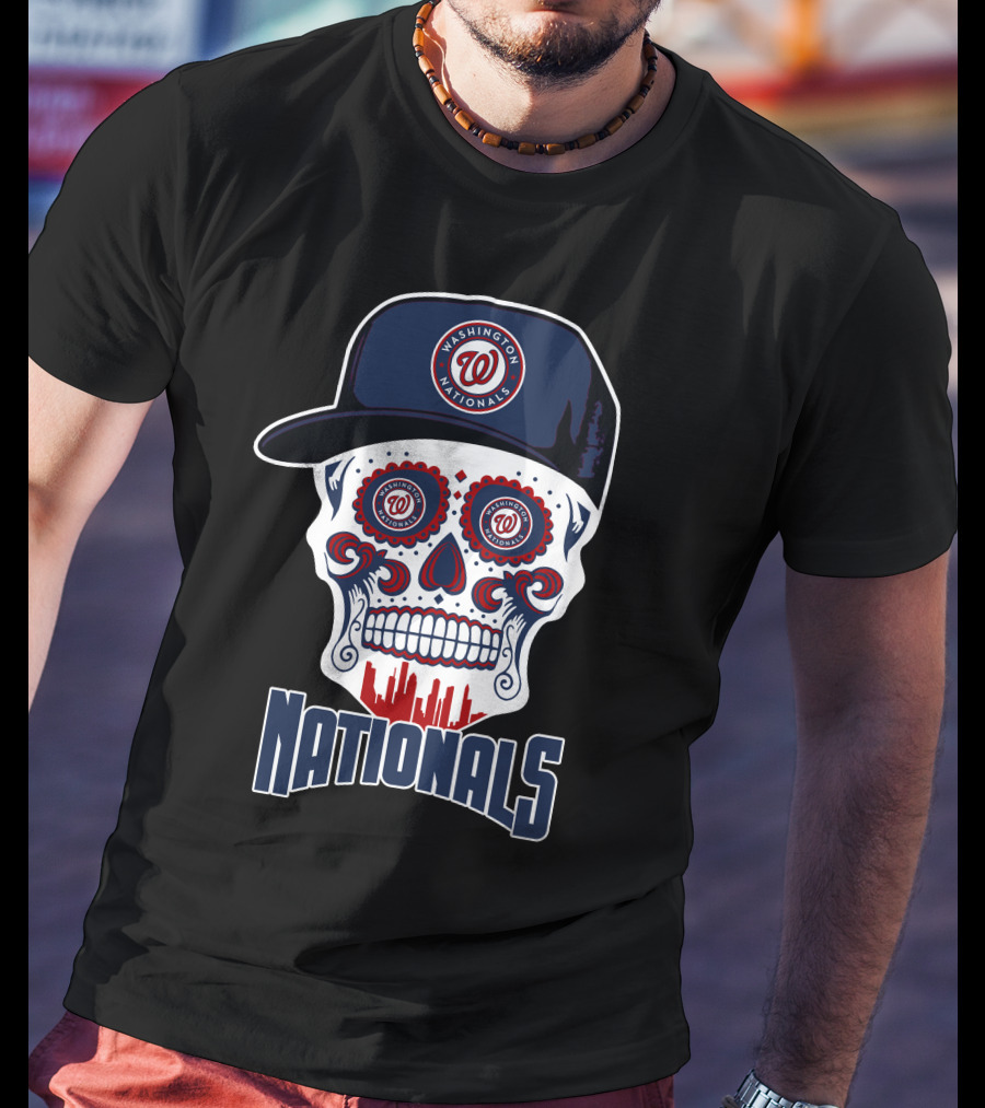 Washington Nationals Skull With Baseball Cap And City Silhouette T-Shirt
