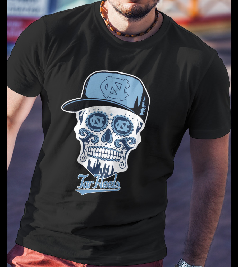 North Carolina Tar Heels Sugar Skull With Hat And Cityscape T-Shirt