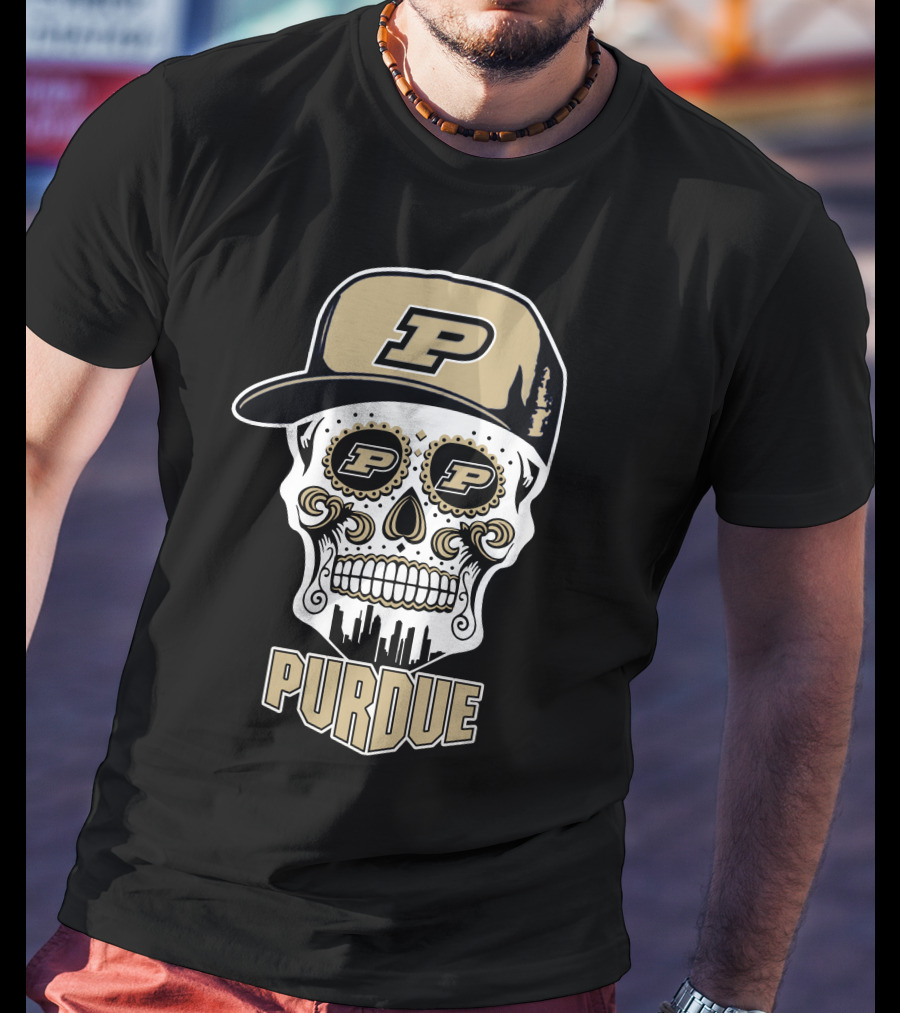 Purdue Boilermakers Skull With Cap And Urban Skyline T-Shirt