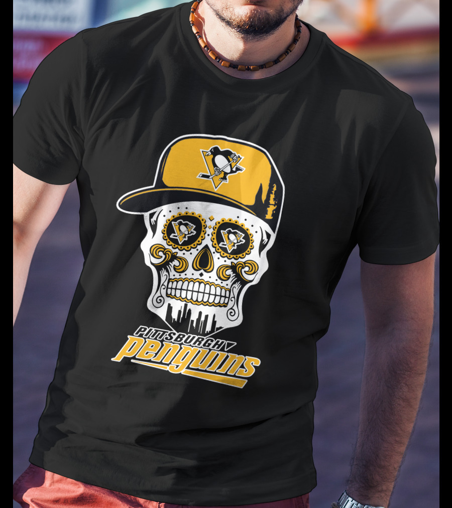 Pittsburgh Penguins Skull Hat Logo Skyline T-Shirt