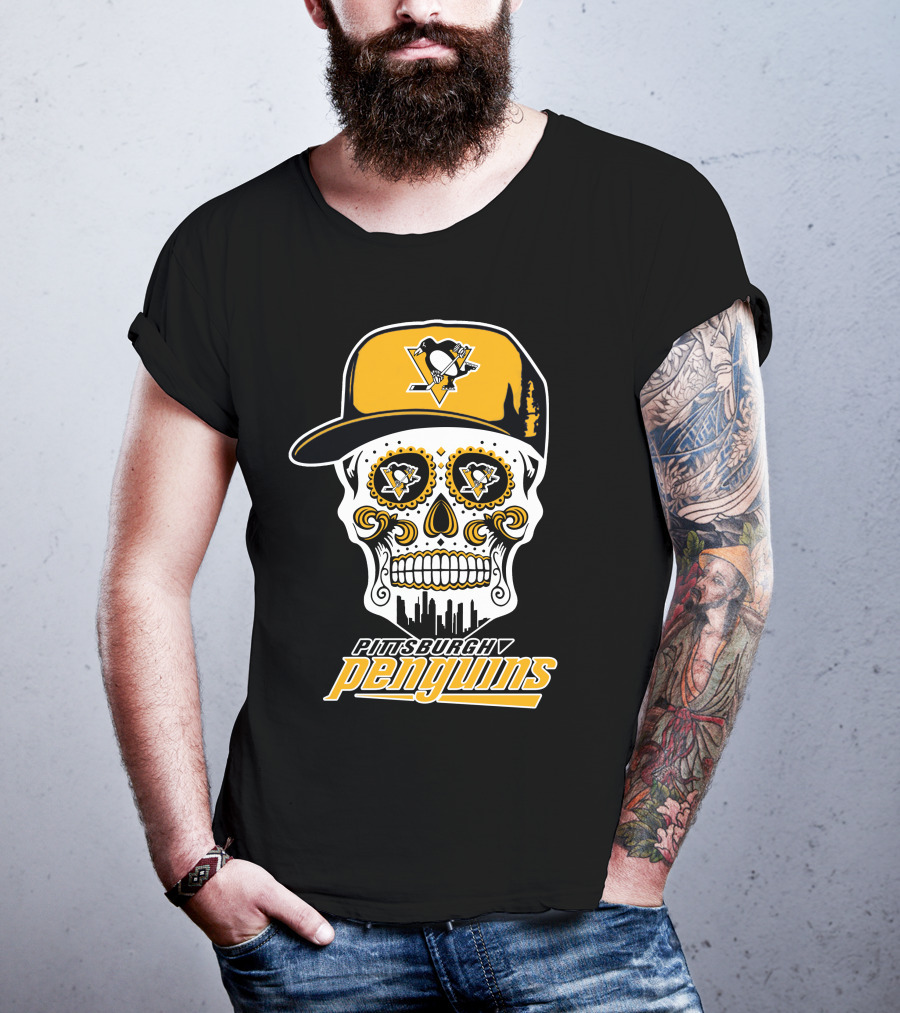 Pittsburgh Penguins Skull Hat Logo Skyline T-Shirt