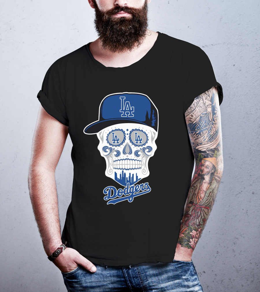 Los Angeles Dodgers Skull La Hat Blue City Skyline T-Shirt