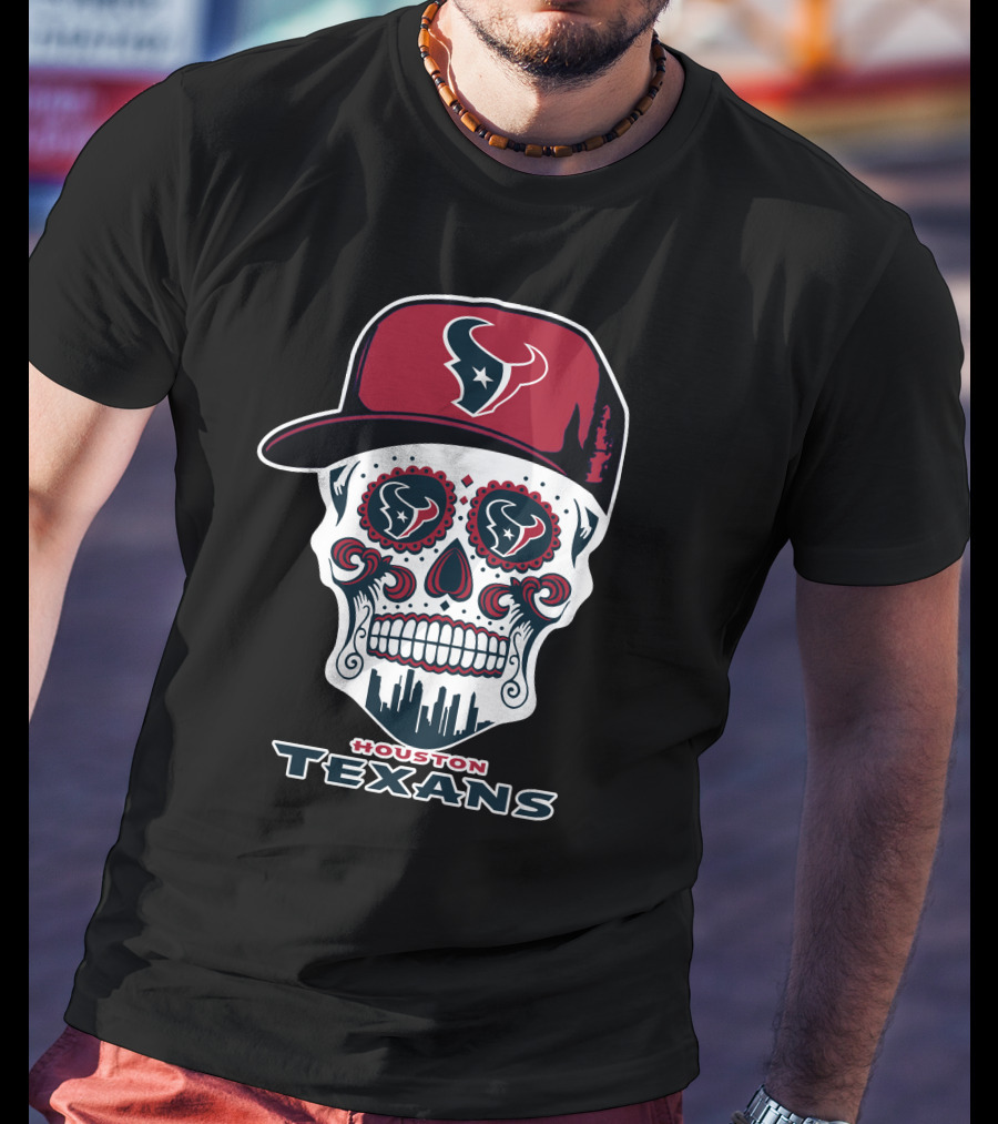 Houston Texans Skull With Cap And City Skyline T-Shirt