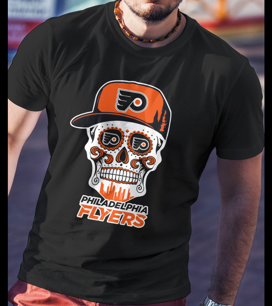 Philadelphia Flyers Skull Art With Cap And Skyline T-Shirt