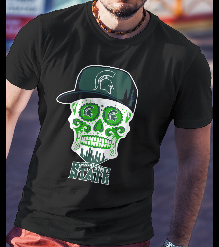 Michigan State Spartans Skull With Hat And Cityscape T-Shirt