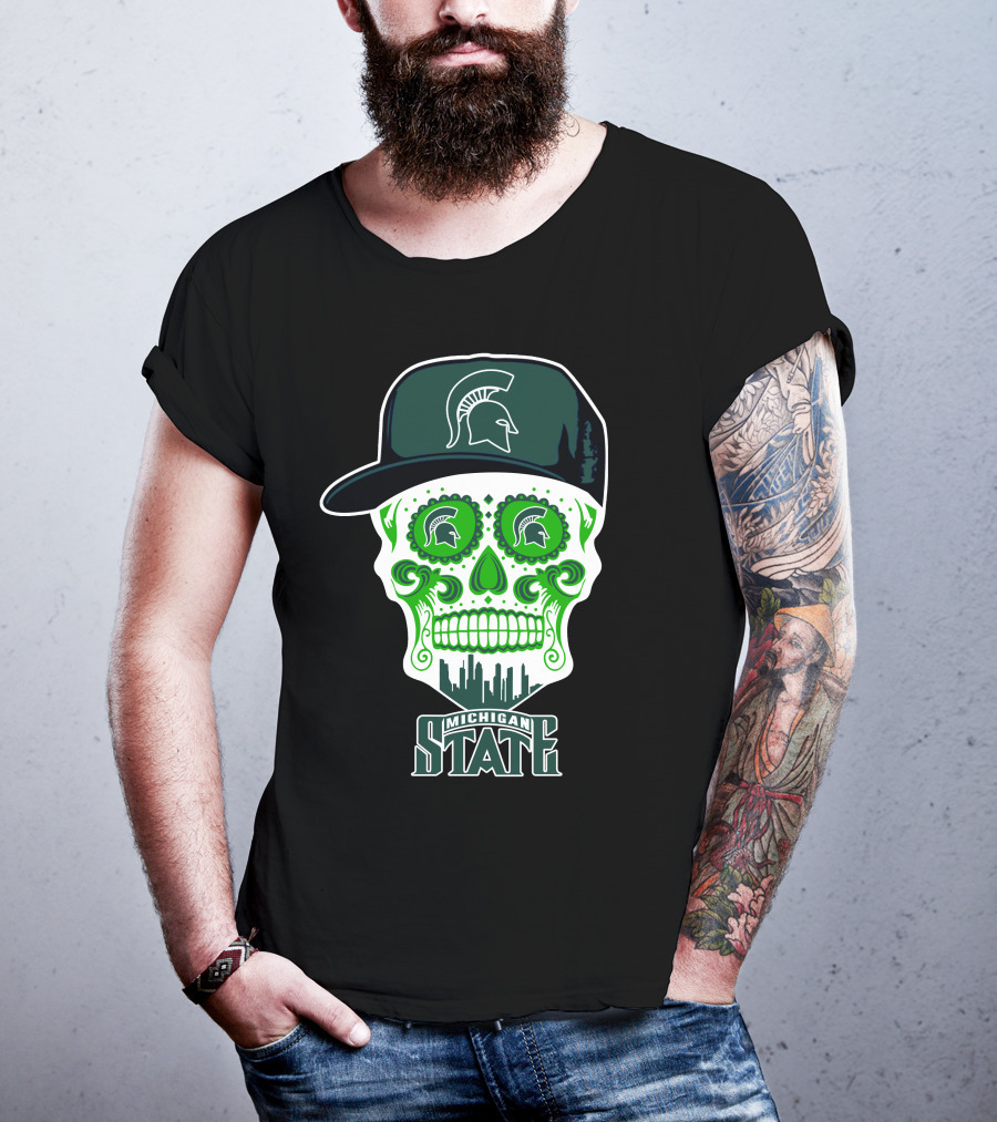 Michigan State Spartans Skull With Hat And Cityscape T-Shirt