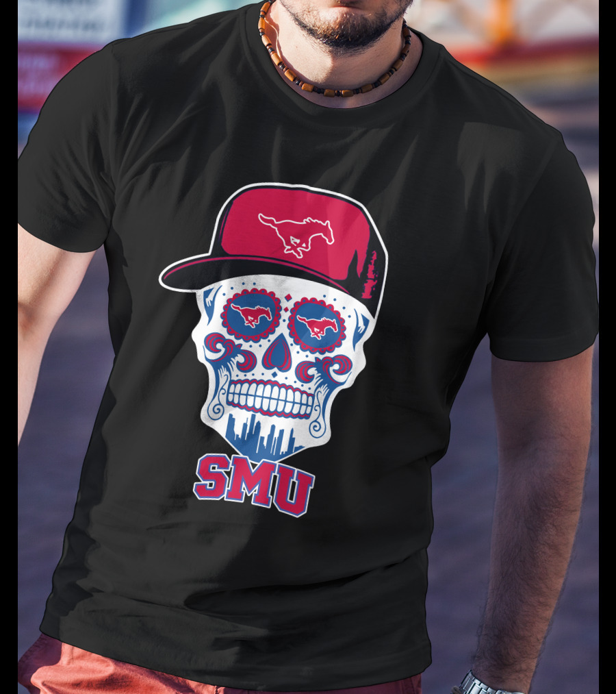 Smu Mustangs Skull With Hat And Skyline T-Shirt