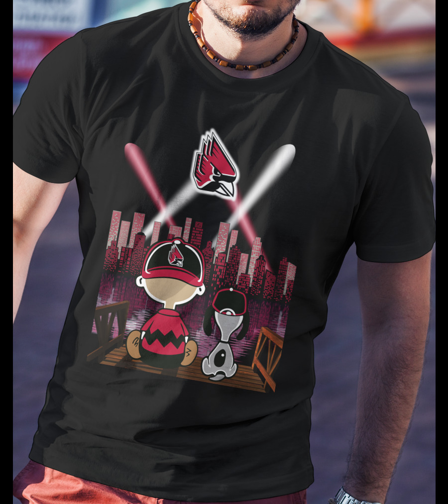 Ball State Cardinals City By Night Skyline Kids And Dog With Spotlight T-Shirt