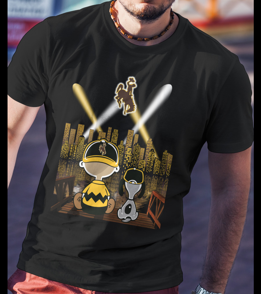 Wyoming Cowboys City At Night With Characters And Skyline T-Shirt