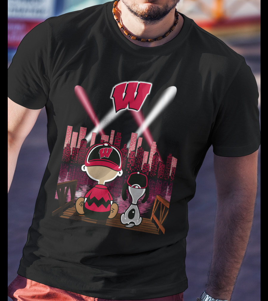Wisconsin Badgers Night City Skyline With Cartoon Characters T-Shirt