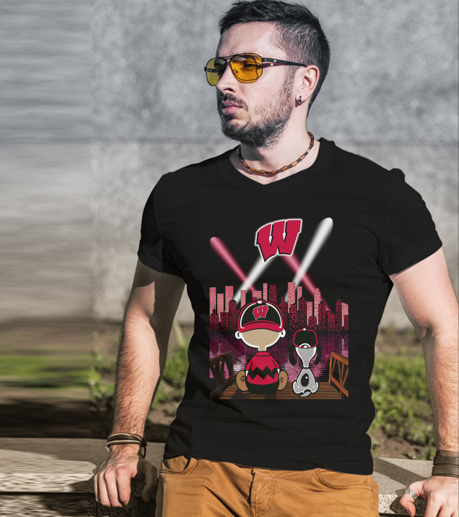 Wisconsin Badgers Night City Skyline With Cartoon Characters T-Shirt