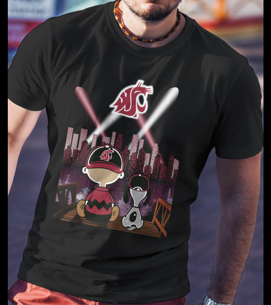 Washington State Cougars City Skyline At Night With Characters T-Shirt