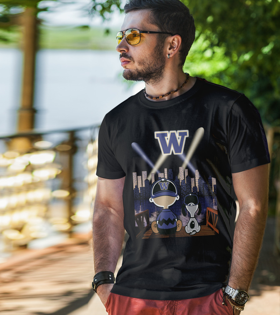 W Washington Huskies City Skyline At Night With Baseball Cap Characters T-Shirt