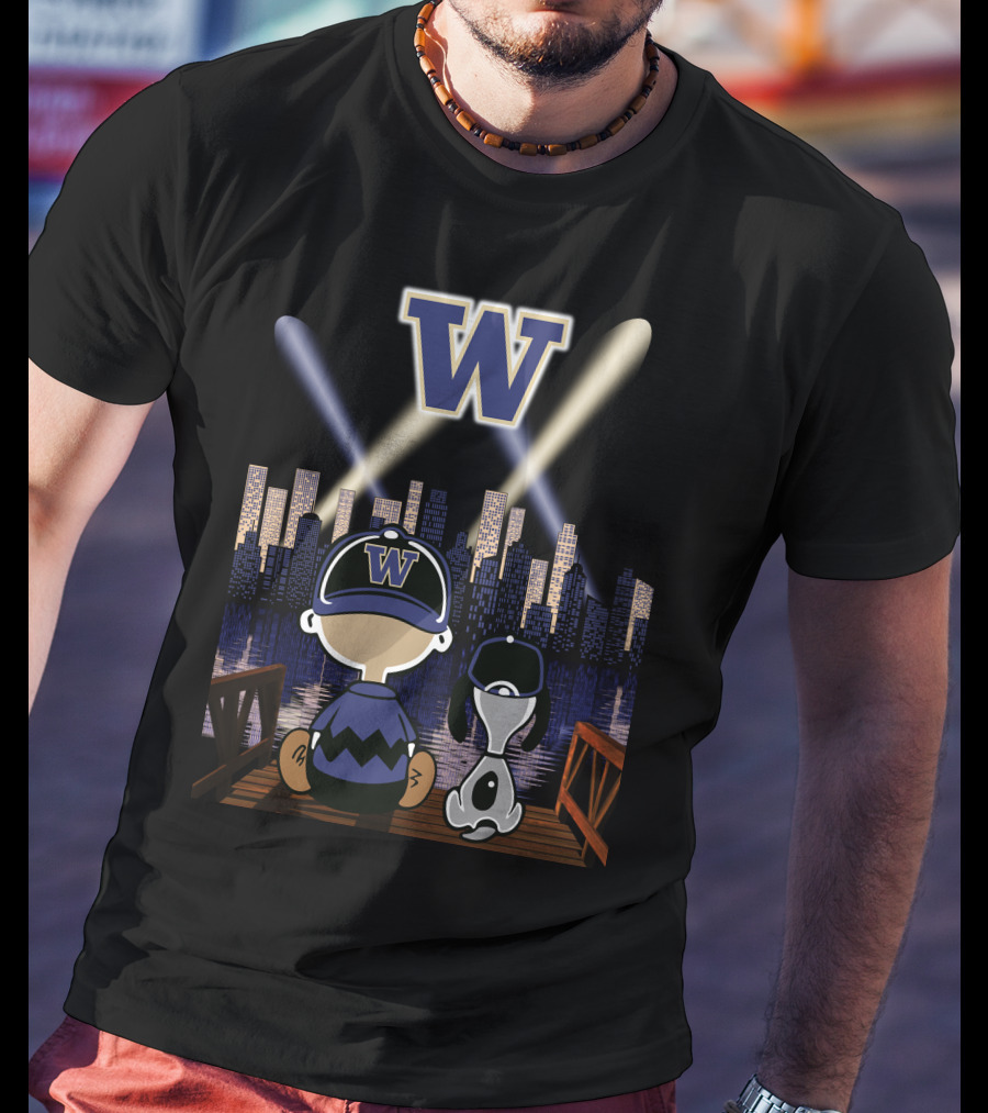 W Washington Huskies City Skyline At Night With Baseball Cap Characters T-Shirt