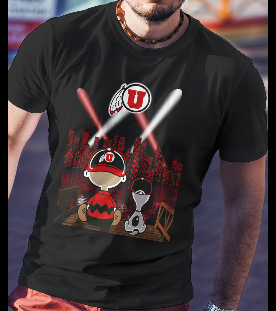 Utah Utes City Skyline Night Scene With Cartoon Characters T-Shirt