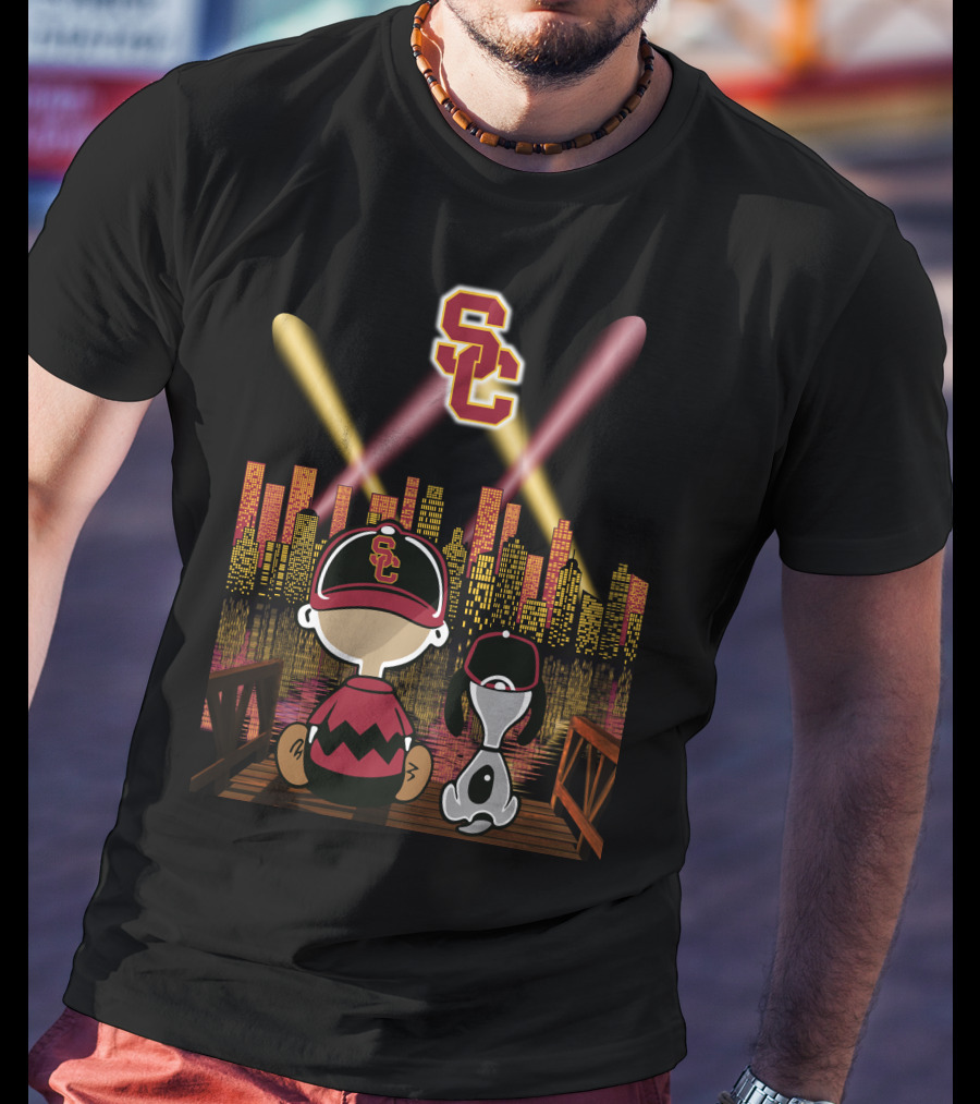 Usc Trojans Nighttime Cityscape With Cartoon Figures T-Shirt