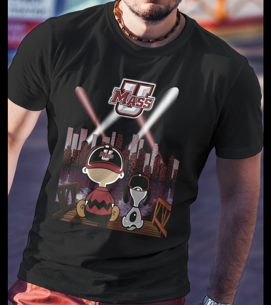 Umass Minutemen Downtown Skyline At Night With Cartoon Duo T-Shirt