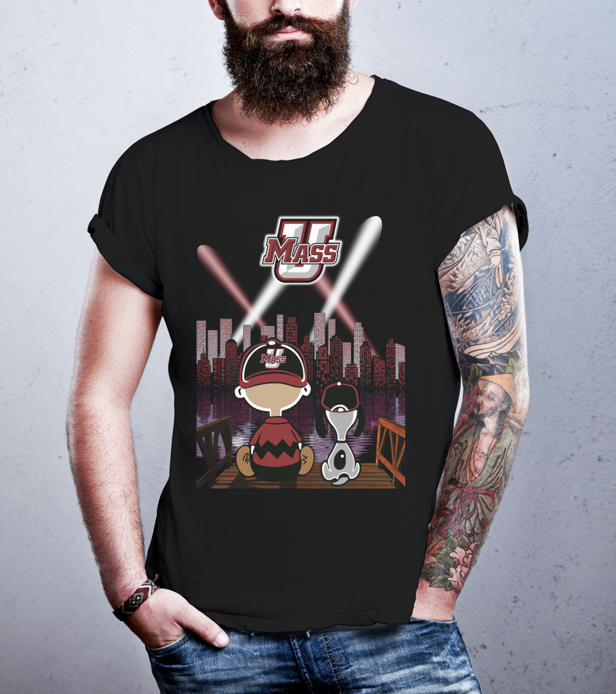 Umass Minutemen Downtown Skyline At Night With Cartoon Duo T-Shirt