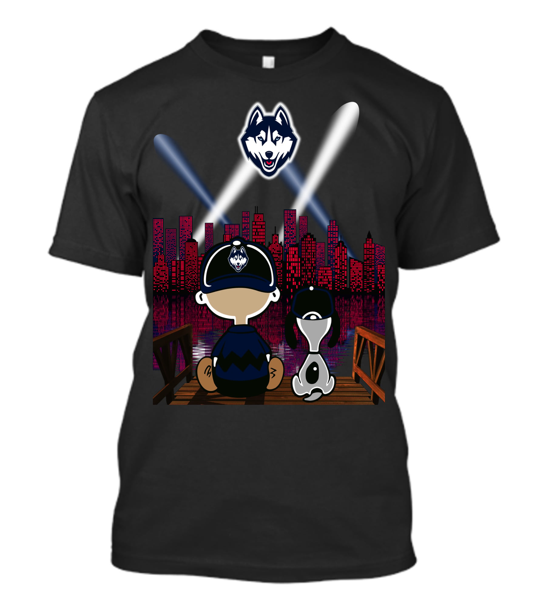 Uconn Huskies Skyline Night Lights With Cartoon Characters And Dog T-Shirt