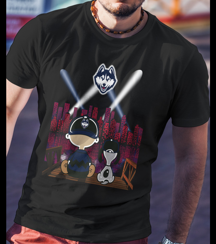 Uconn Huskies Skyline Night Lights With Cartoon Characters And Dog T-Shirt