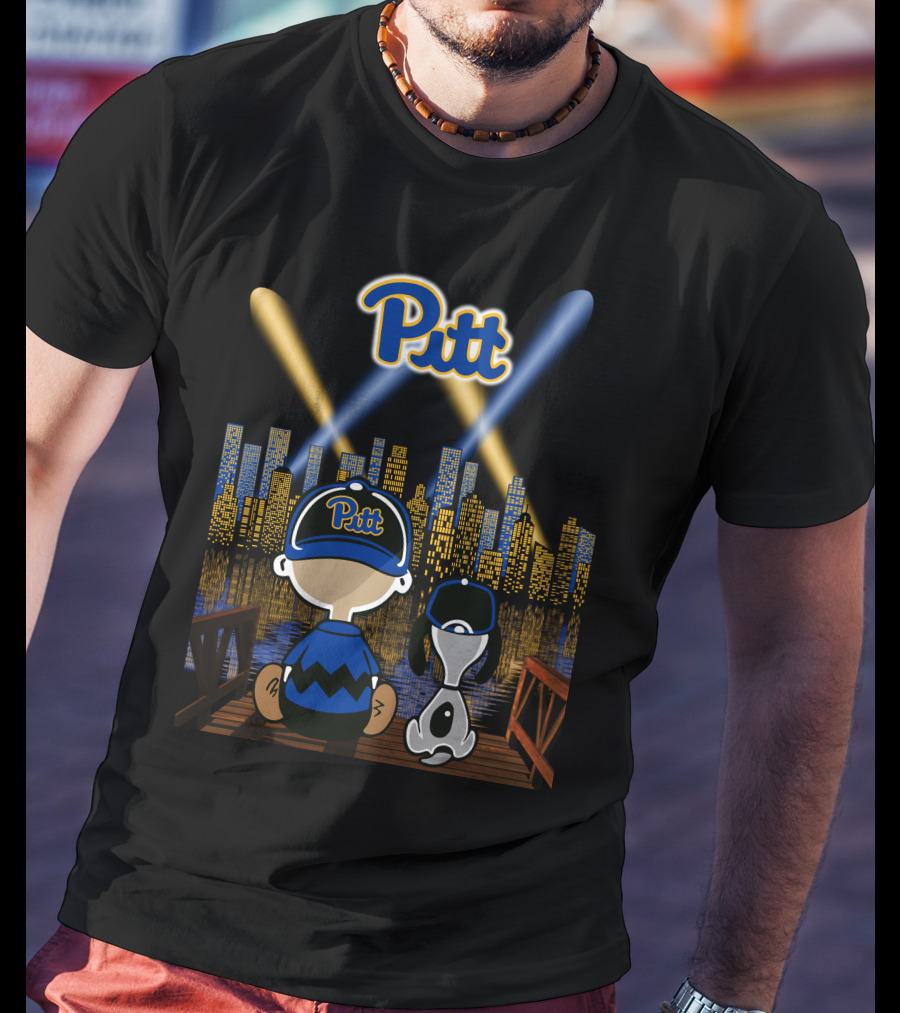 Pitt Panthers Nighttime Cityscape With Skyline And Characters T-Shirt