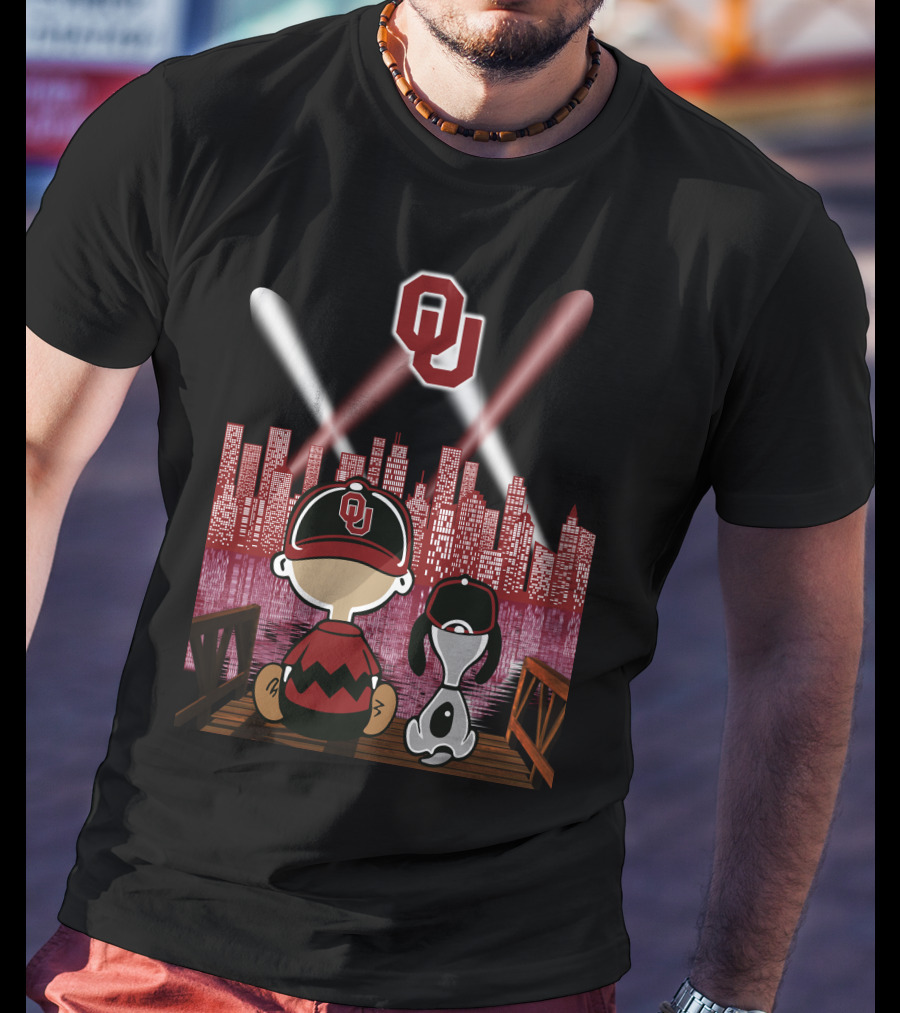 Ou Sooners Peanuts Characters With City Skyline At Night T-Shirt