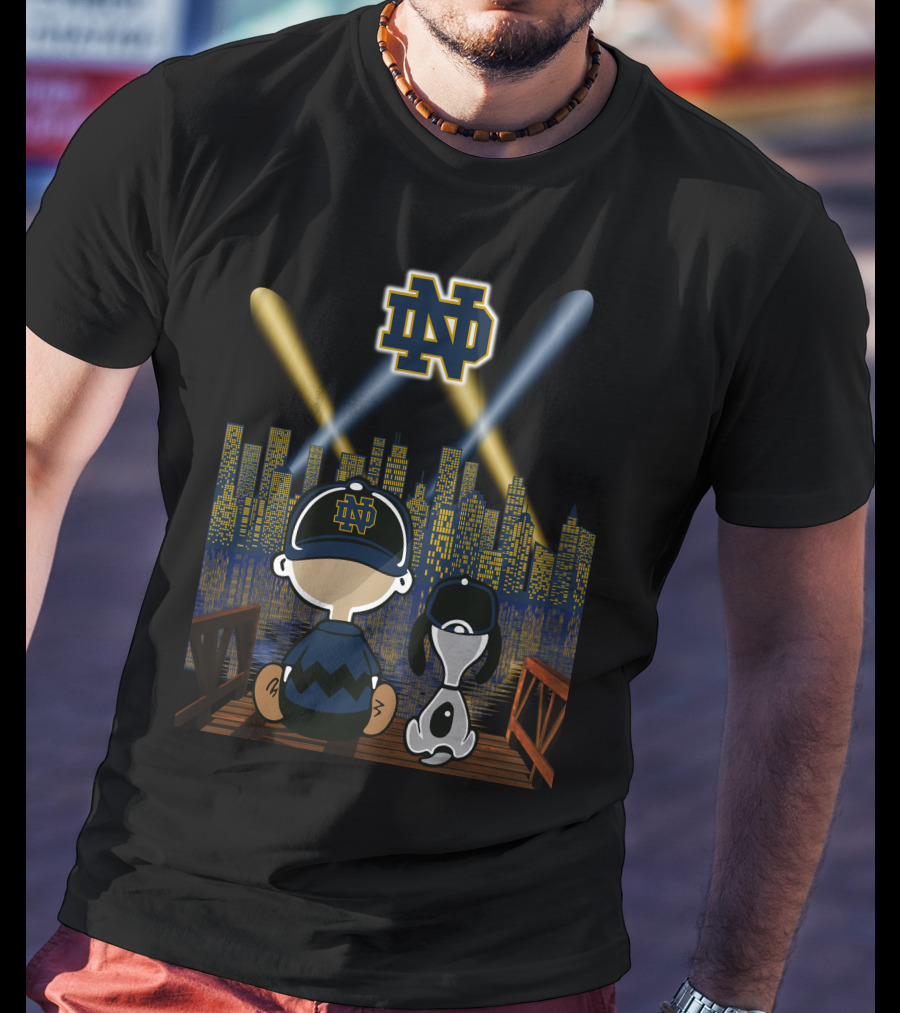 Notre Dame Fighting Irish City Skyline Night Scene With Kids And Dog T-Shirt
