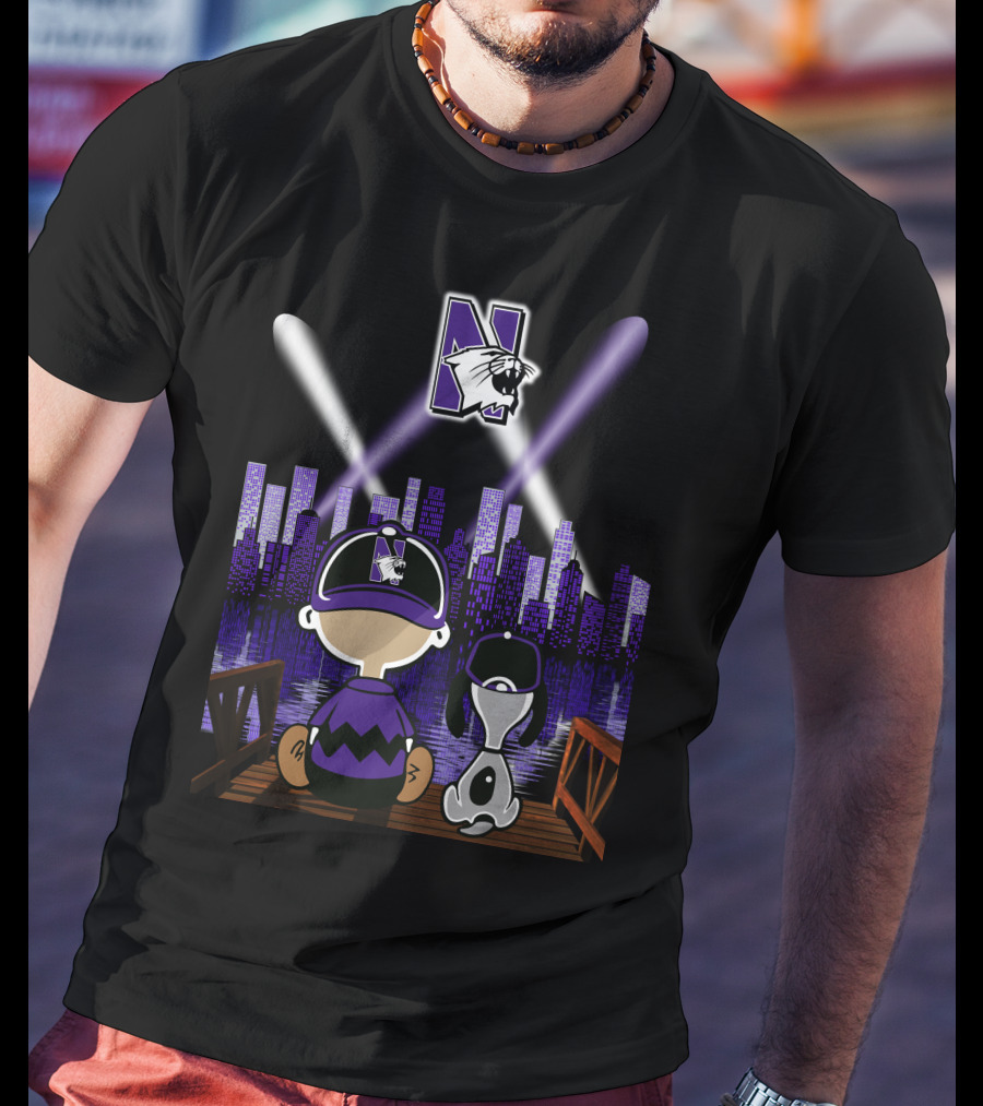 Snoopy And Friends Enjoying Northwestern Wildcats Night Skyline Scene T-Shirt