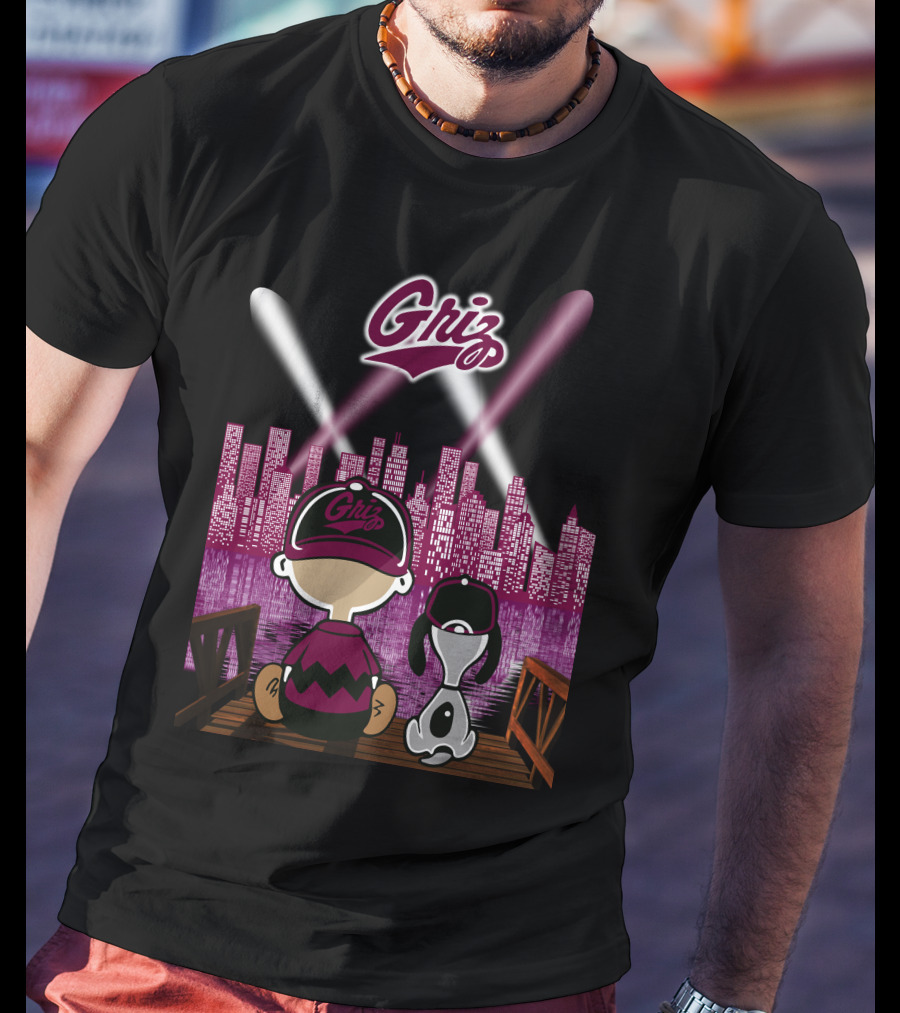 Griz 53 Montana Grizzlies City By Night Skyline With Dog And Child On Bridge T-Shirt