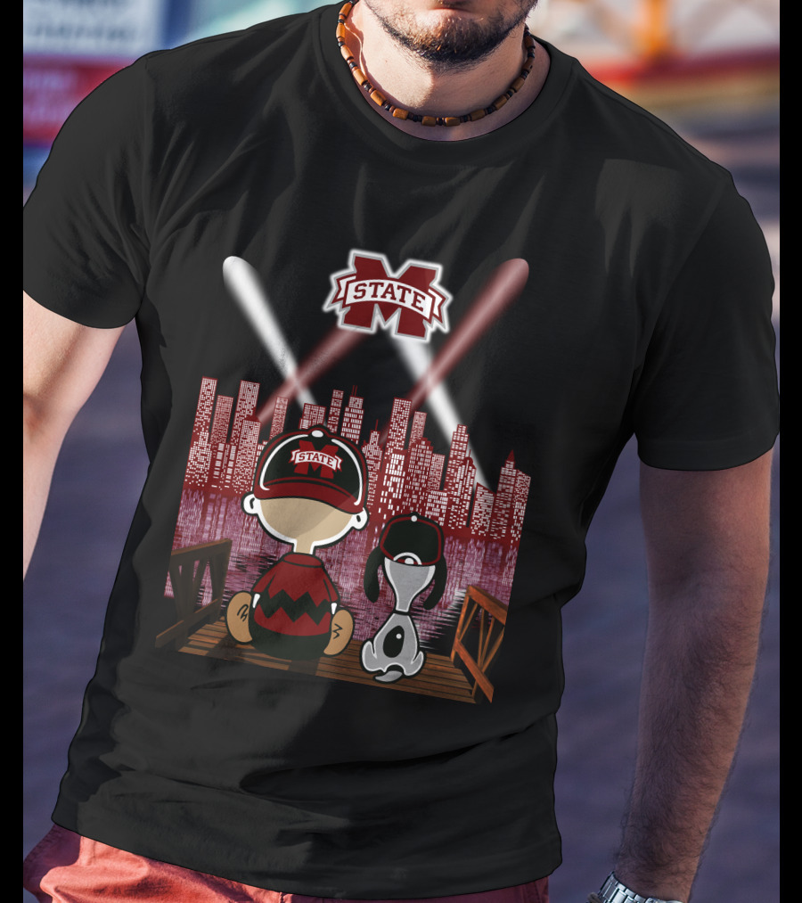 Mississippi State Bulldogs City Night Skyline With Baseball Fans And Iconic Mascot T-Shirt
