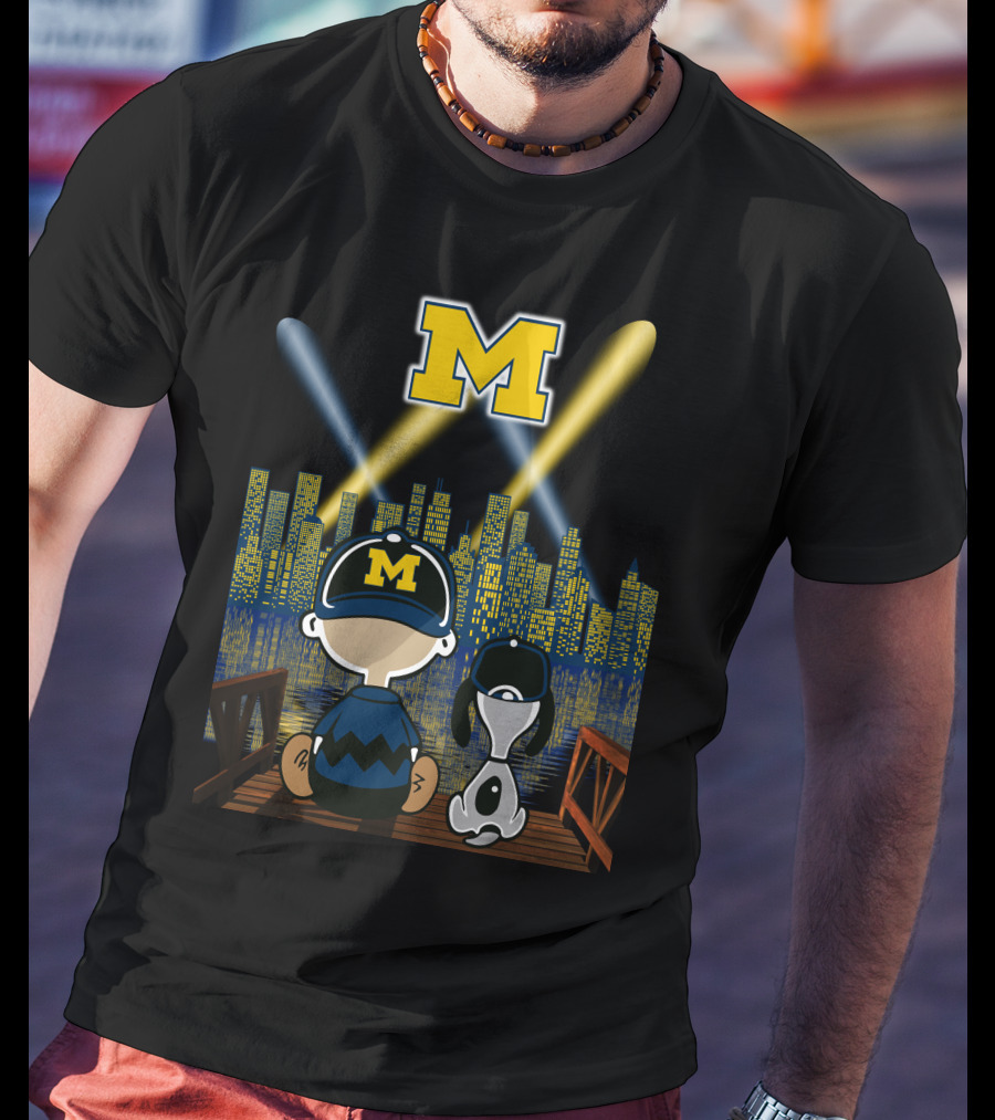 M Michigan Wolverines City By Night Skyline And Characters T-Shirt