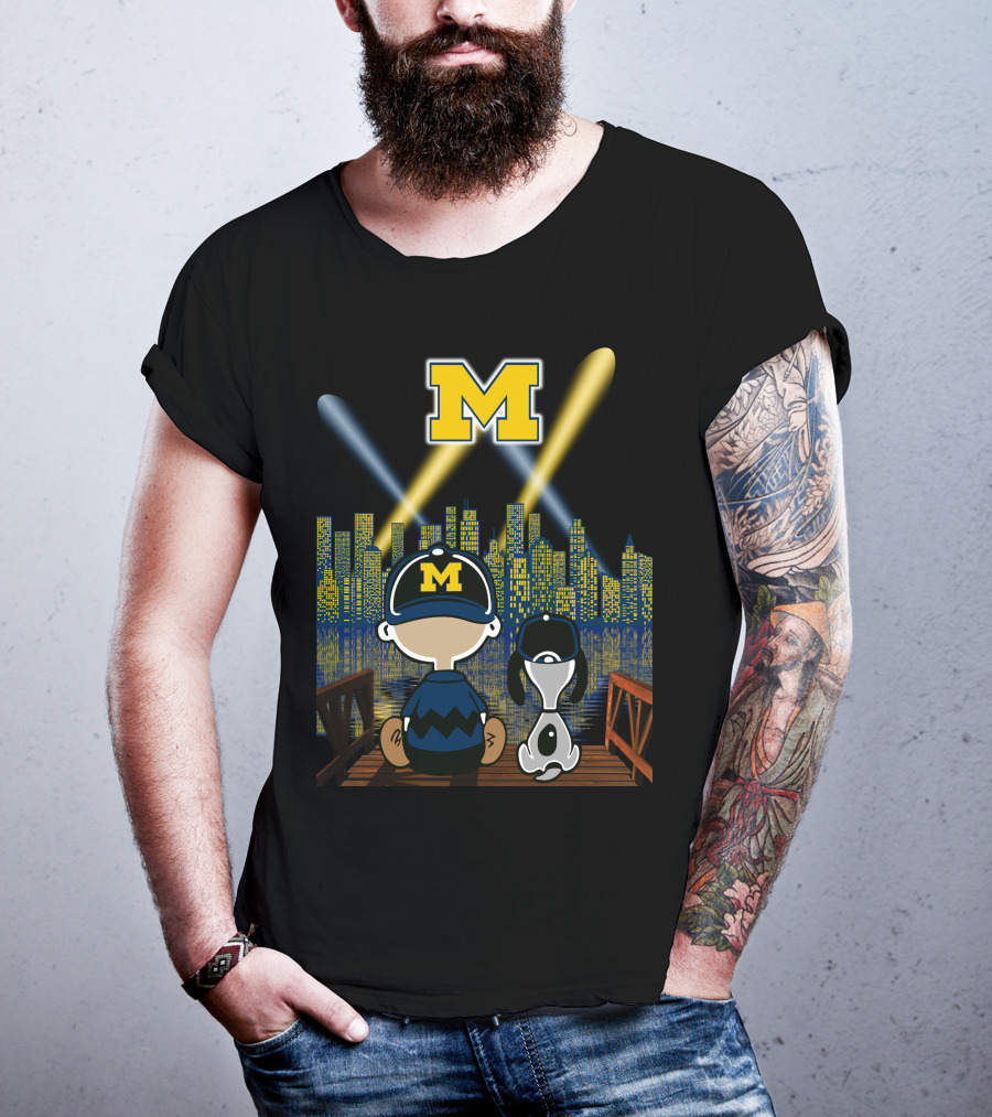 M Michigan Wolverines City By Night Skyline And Characters T-Shirt