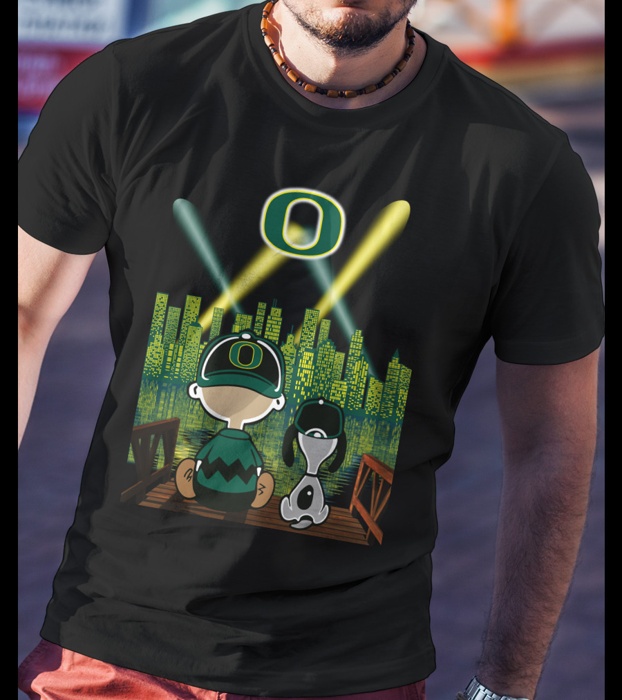 Oregon Ducks Nighttime Cityscape With Cartoon Characters And Stadium Lights T-Shirt