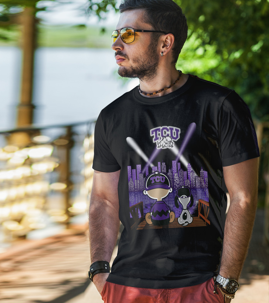 Tcu Horned Frogs City Skyline Night Scene With Mascot And Dog T-Shirt