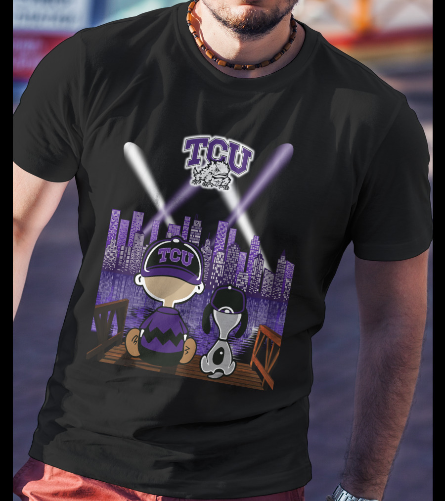 Tcu Horned Frogs City Skyline Night Scene With Mascot And Dog T-Shirt