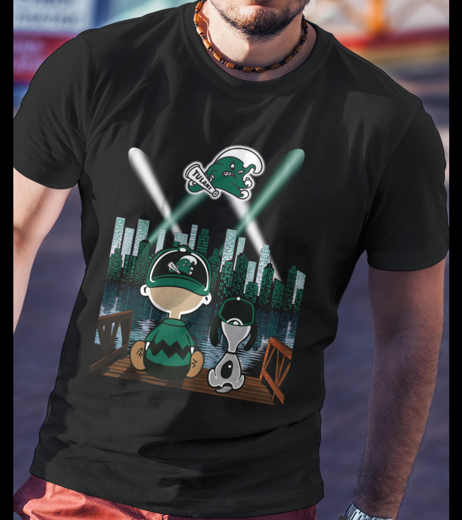 Tulane Green Wave City Skyline Featuring Iconic Characters And Baseball Cap Logo By Night T-Shirt