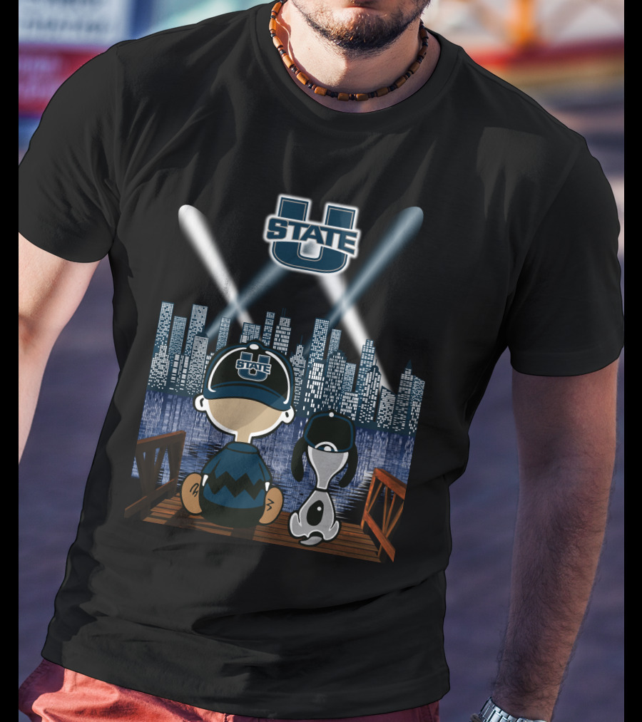 Utah State Aggies City Skyline At Night With Dog And Character T-Shirt