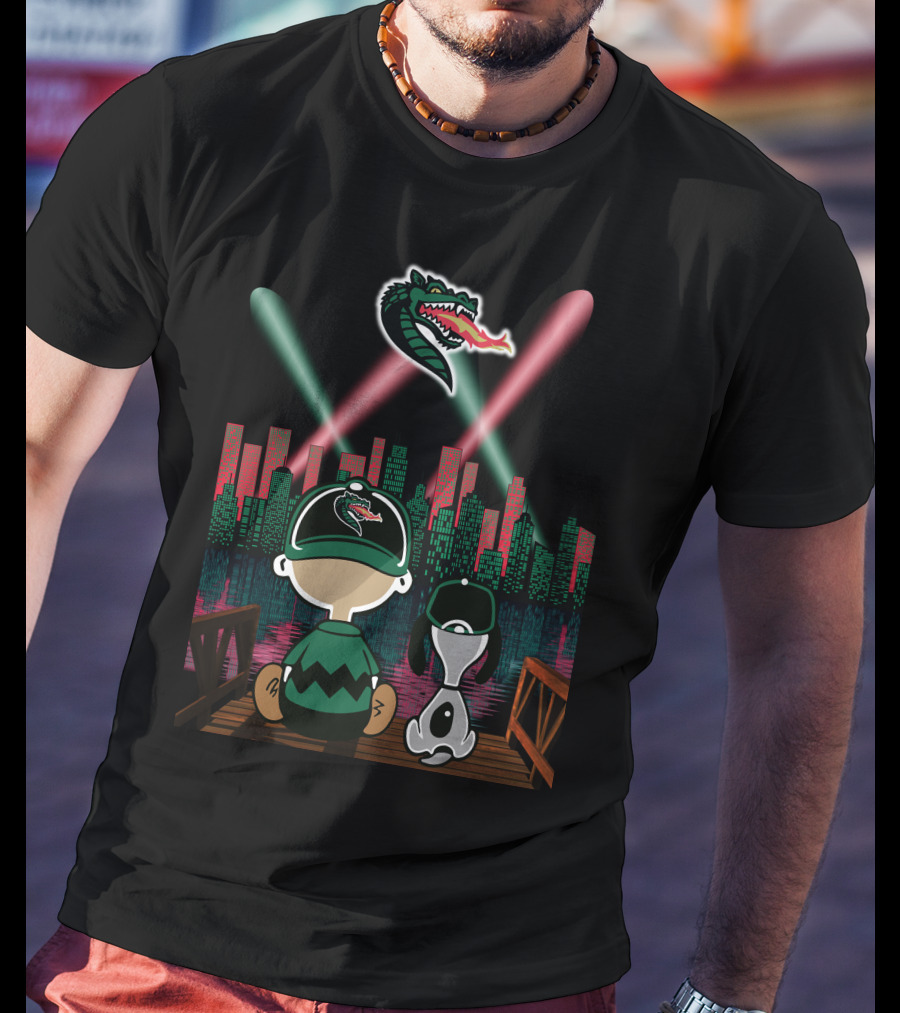 Uab Blazers Dragon Logo Over City Skyline With Cartoon Characters On Bridge At Night T-Shirt