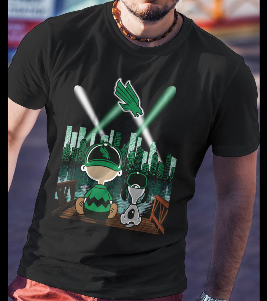 North Texas Mean Green City By Night Skyline With Cartoon Characters And Flying Bird T-Shirt