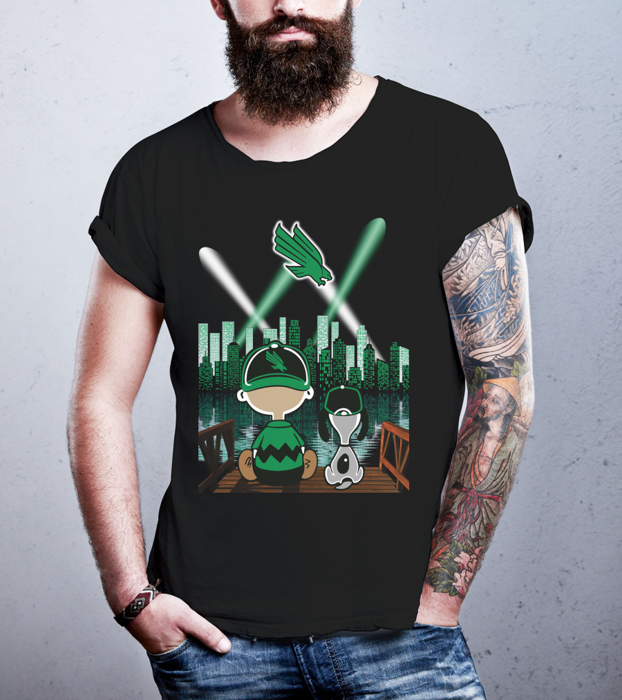 North Texas Mean Green City By Night Skyline With Cartoon Characters And Flying Bird T-Shirt