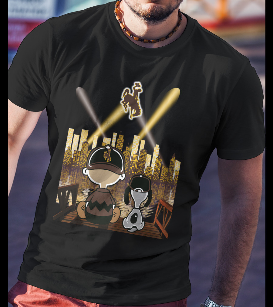 Wyoming Cowboys Skyline Spotlight Views With Cartoon Characters T-Shirt