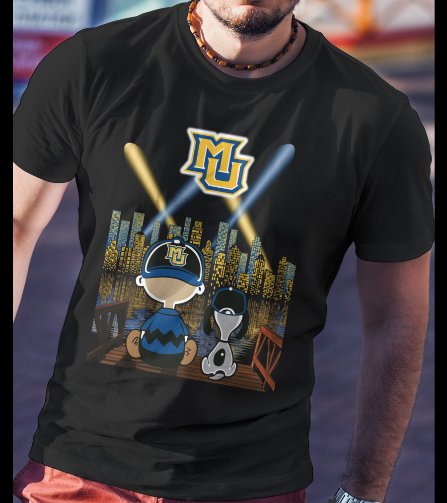 Mu Marquette Golden Eagles Cityscape Night Skyline With Baseball Cap Duo T-Shirt