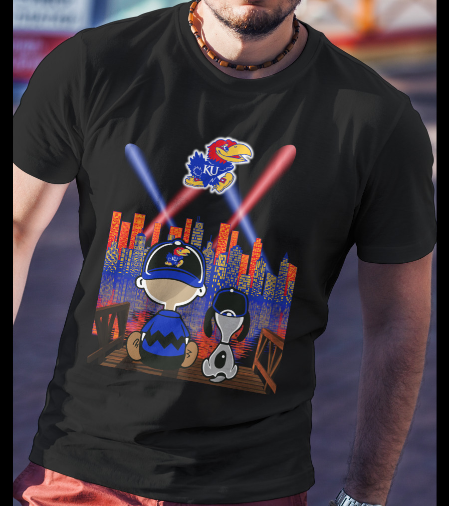 Kansas Jayhawks City Skyline Night Reflections With Mascot And Dog T-Shirt