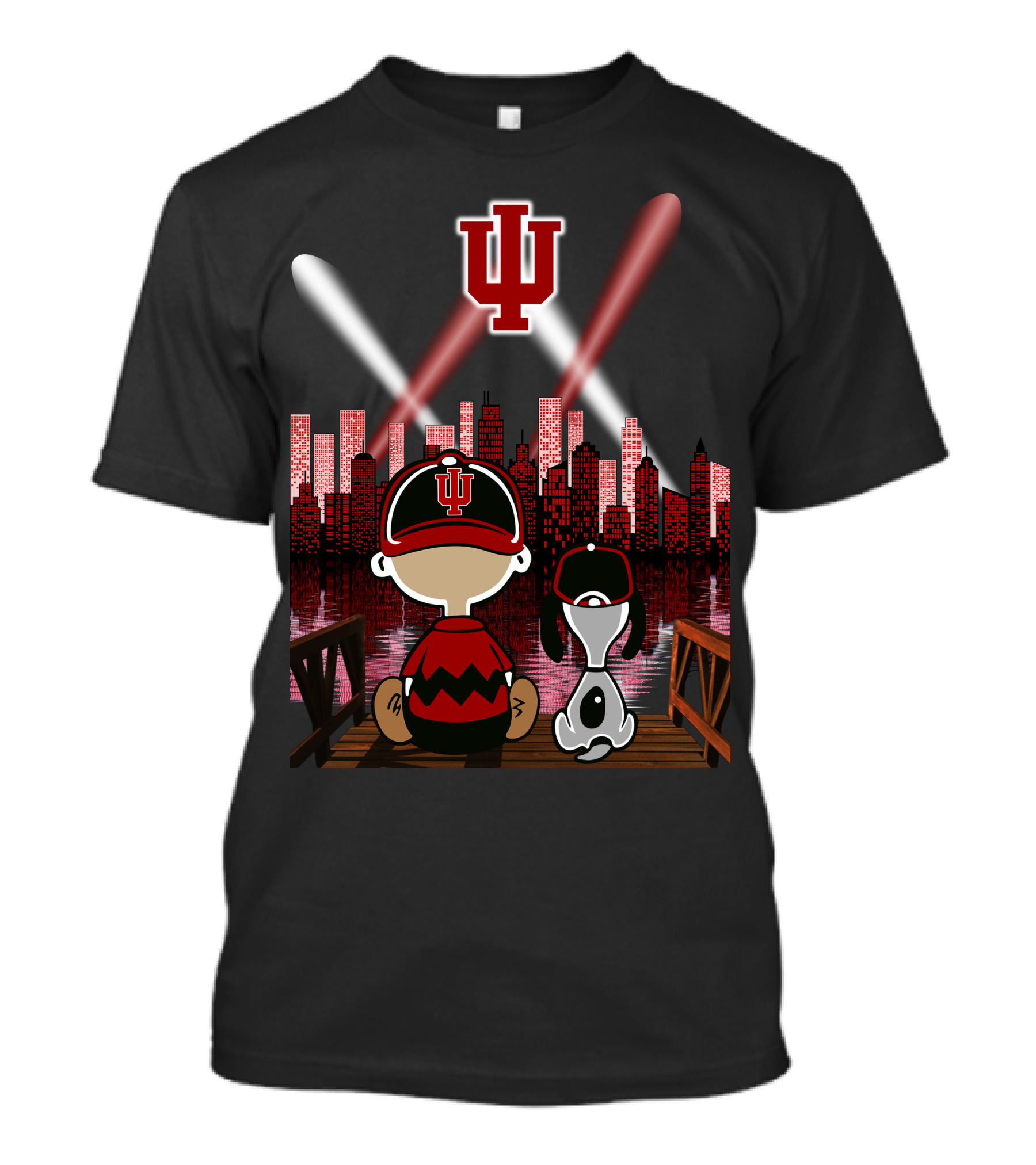 Indiana Hoosiers Nighttime City Skyline With Iconic Characters T-Shirt