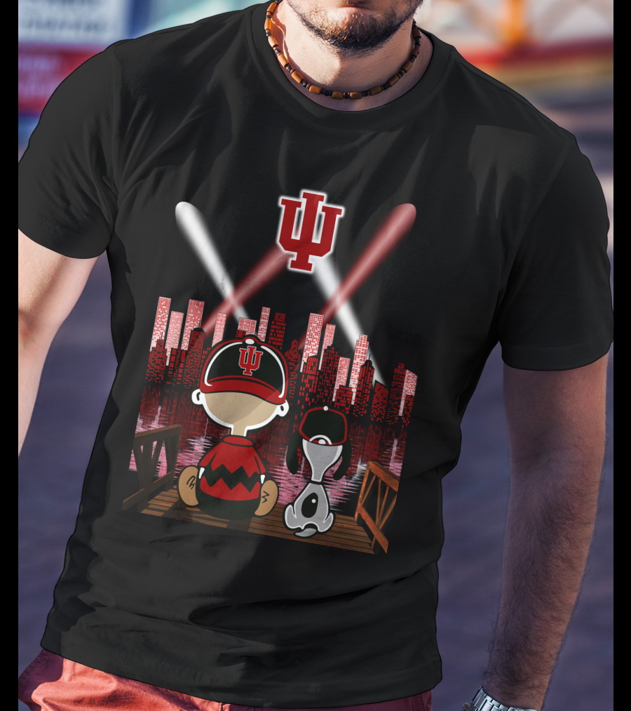 Indiana Hoosiers Nighttime City Skyline With Iconic Characters T-Shirt