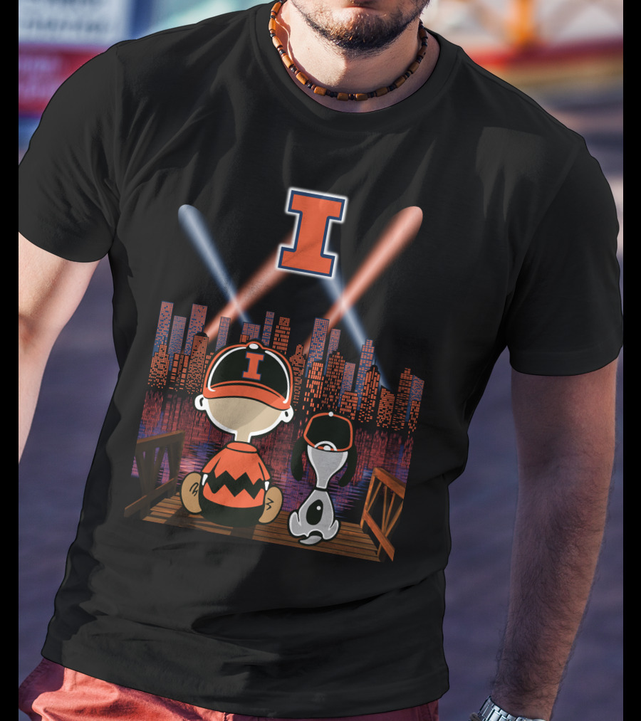 Illinois Fighting Illini Cityscape Nighttime Scene With Iconic Characters And Letter I T-Shirt