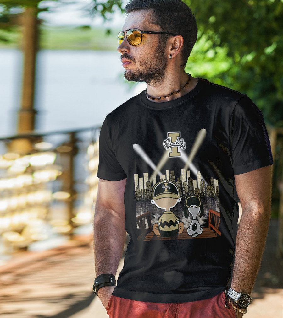 Vandals Idaho City Skyline At Night With Cartoon Characters T-Shirt
