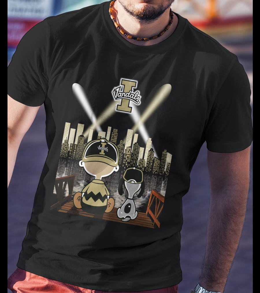 Vandals Idaho City Skyline At Night With Cartoon Characters T-Shirt