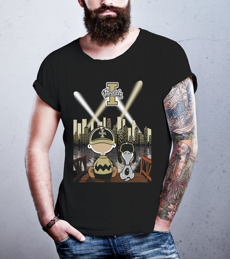 Vandals Idaho City Skyline At Night With Cartoon Characters T-Shirt