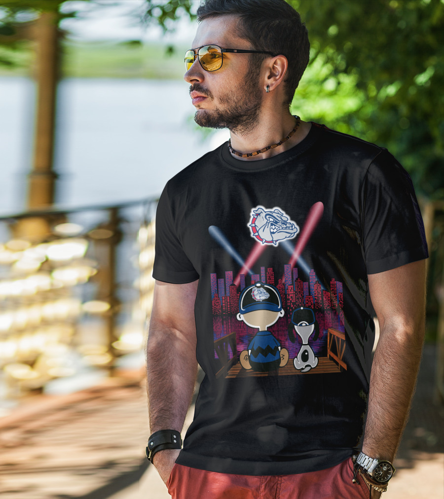 Gonzaga Bulldogs Night Cityscape With Skyline And Cartoon Characters T-Shirt